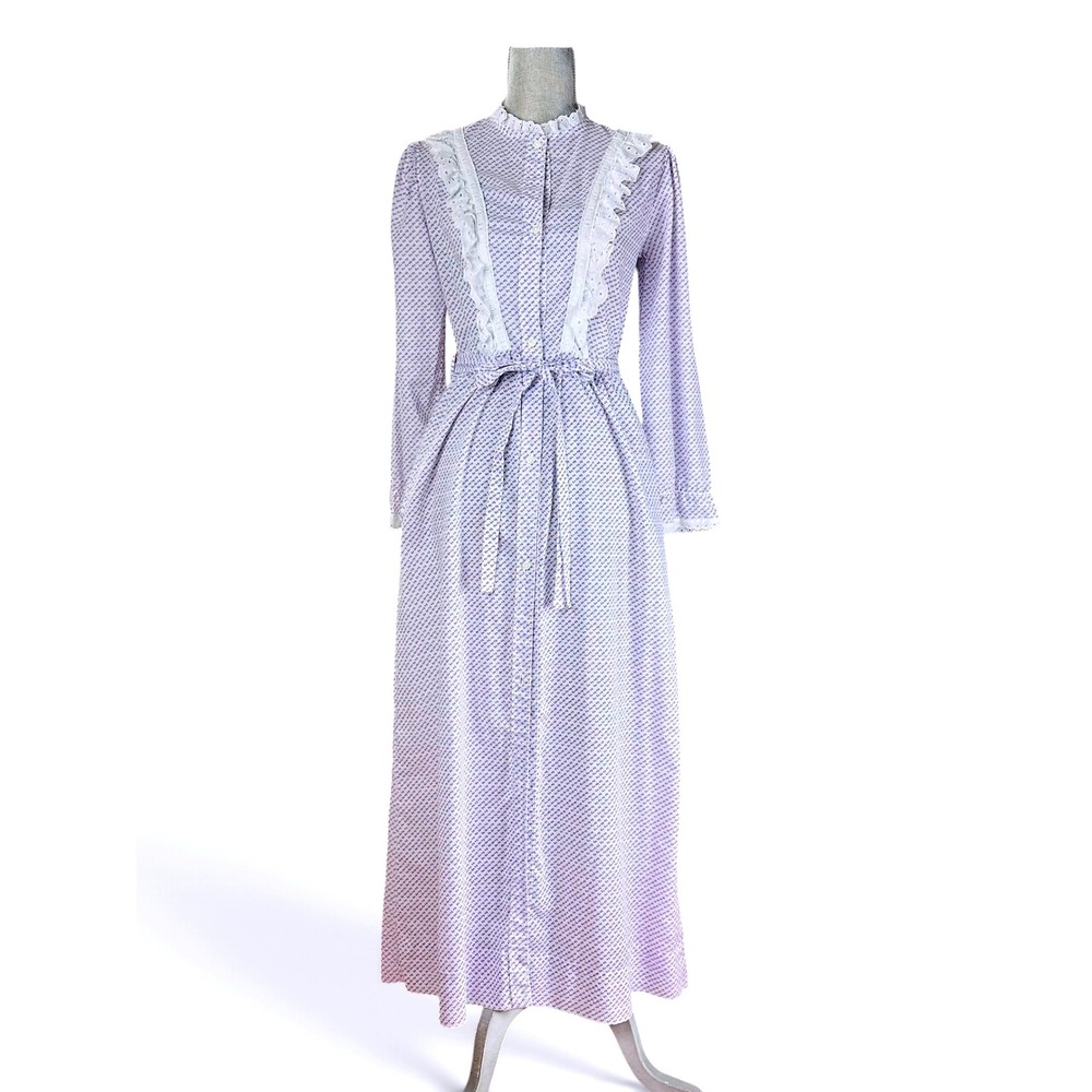 Vintage 80s Purple Floral Eyelet Lace Prairie Maxi Dress Long Nightgown, M